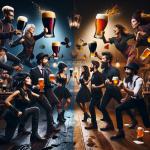 DALL·E 2024-01-04 10.27.48 - A dynamic and imaginative scene depicting a Dark vs. Bright Beer Fight. The image shows two groups of people, each representing a different type of .png